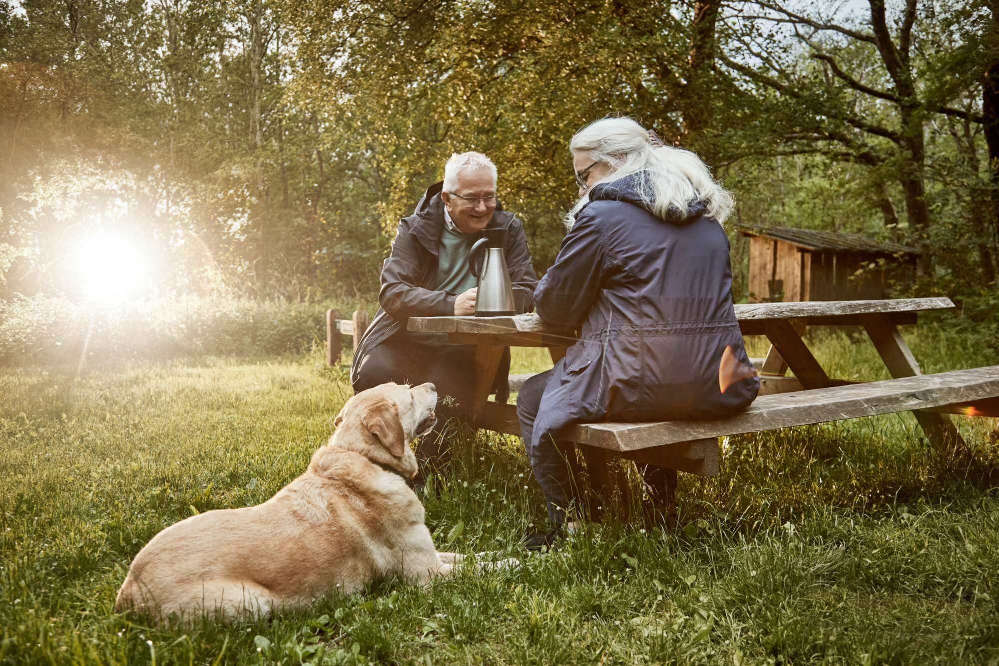 Senior par sidder på en bænk i naturen med hund